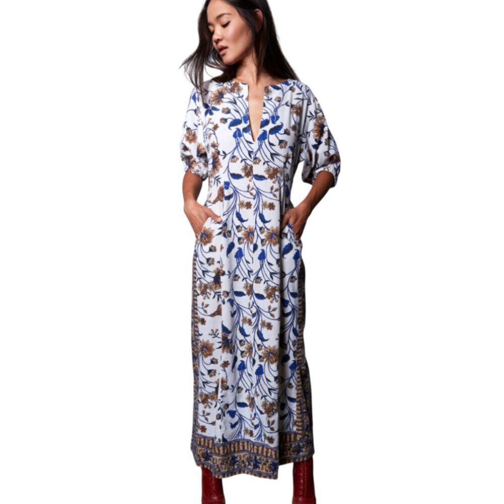 NWT John & Mickie Cortez Maxi Dress Womens 3 Large White Blue Floral Cotton NEW